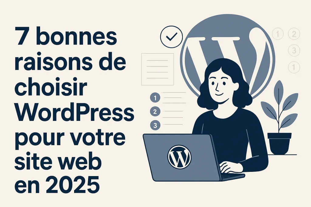 Illustration d'une femme utilisant un ordinateur portable avec le logo WordPress, accompagnée du titre « 7 bonnes raisons de choisir WordPress pour votre site web en 2025 » sur fond beige