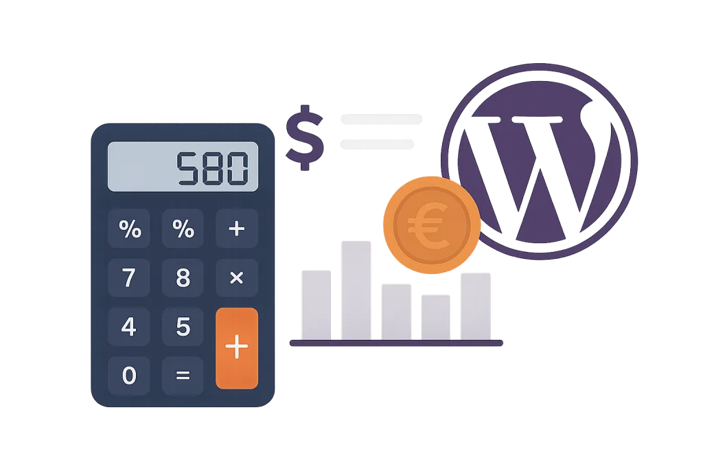 Illustration sur le coût d’un site WordPress en 2025 avec des éléments financiers et symboliques